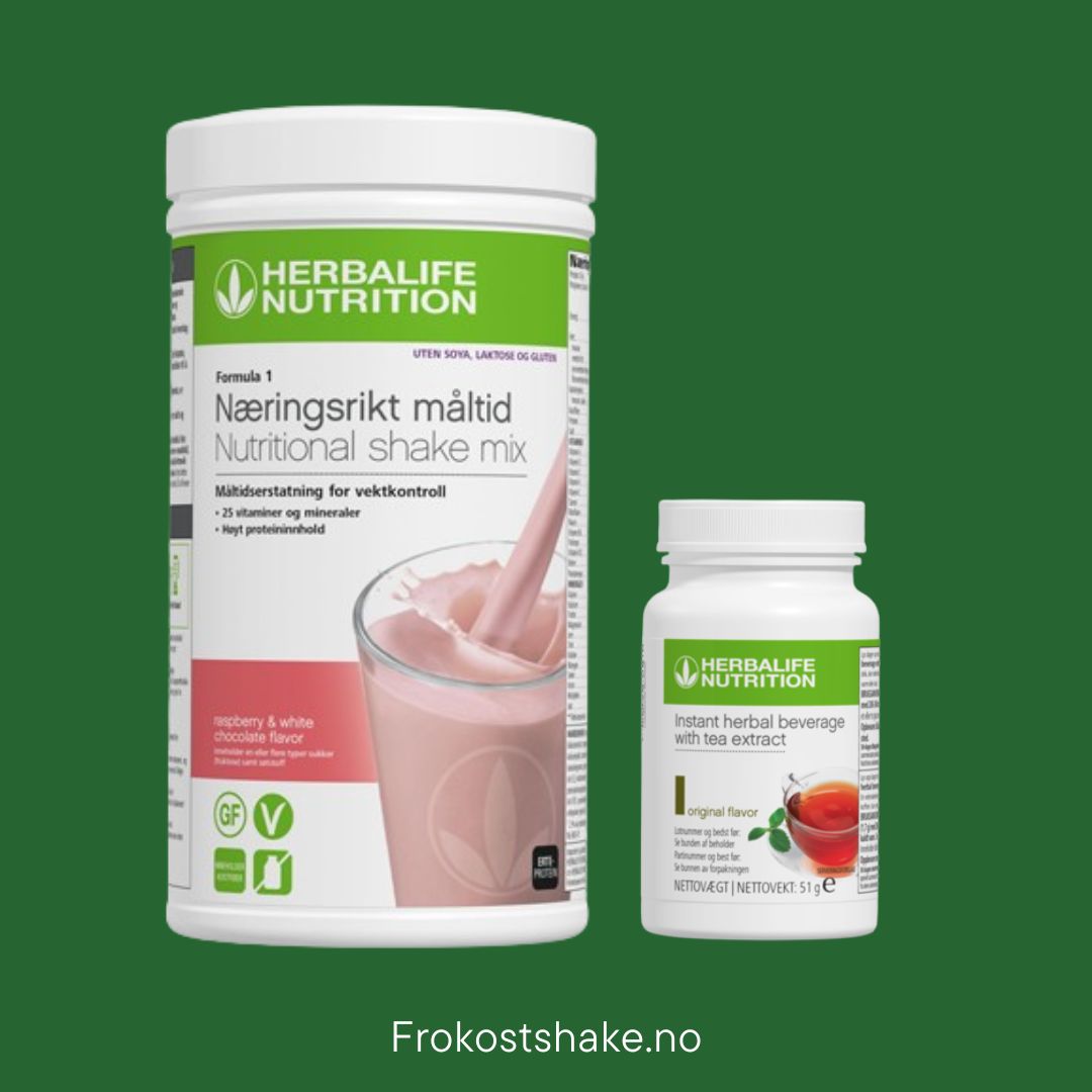 En boks Herbalife Formula 1 shakemix med bringebær og hvit sjokolade-smak og en boks Instant urtekonsentrat te med originalsmak.