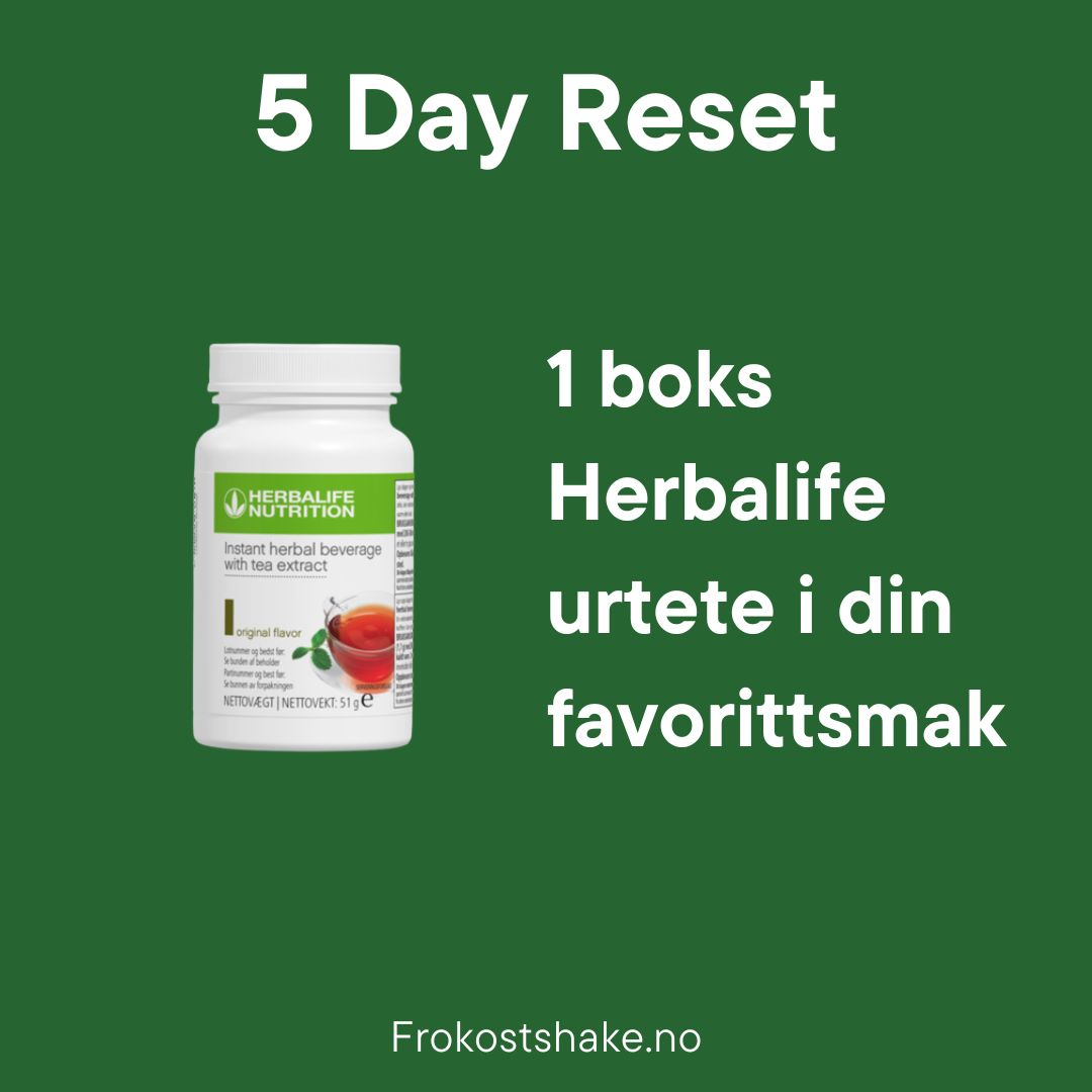 En boks Herbalife Instant urtekonsentrat te med originalsmak og teksten 1 boks Herbalife urtete i din favorittsmak.