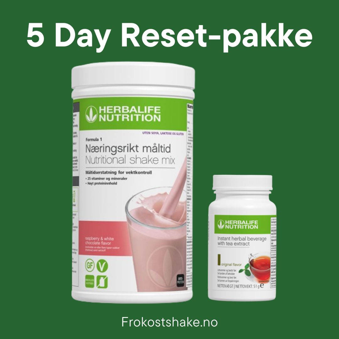 En boks Herbalife Formula 1 shakemix med bringebær og hvit sjokolade-smak og en boks Instant urtekonsentrat te med originalsmak og teksten 5 Day Reset-pakke.