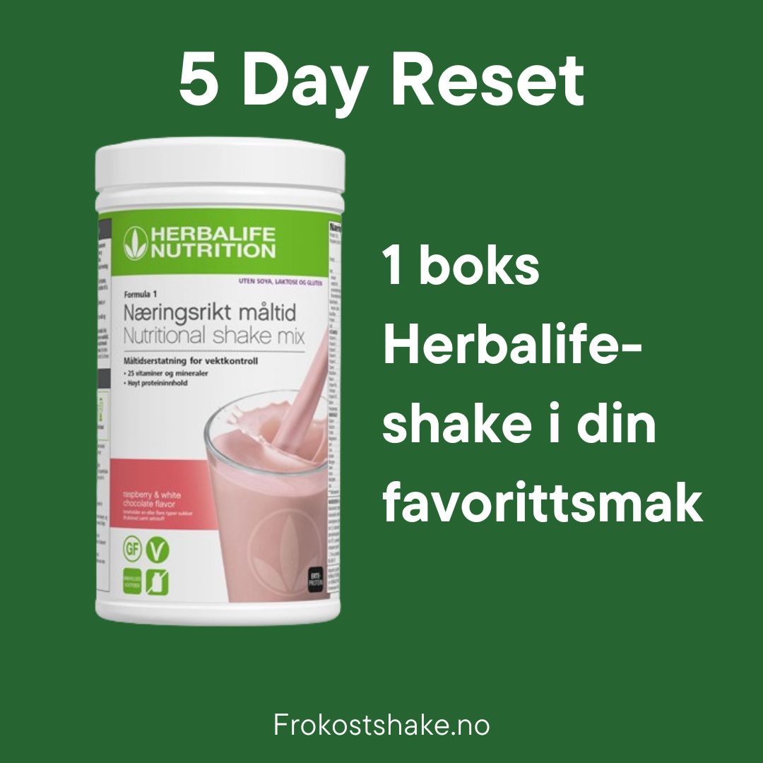 Herbalife Formula 1 shakemix med bringebær og hvit sjokolade-smak og teksten 1 boks Herbalife-shake i din favorittsmak.