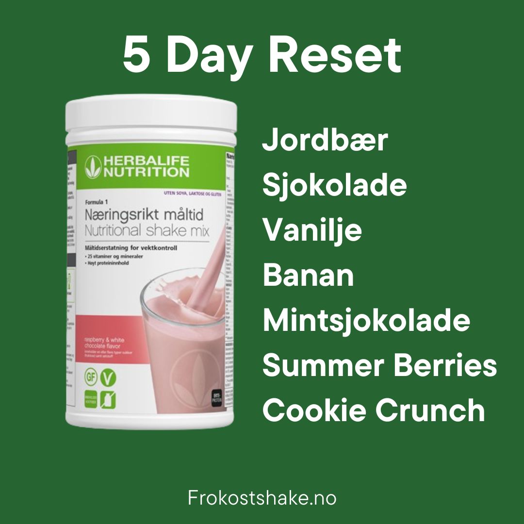 En boks Herbalife Formula 1 shakemix med bringebær og hvit sjokolade-smak og tekst med ulike smaker - jordbær, sjokolade, vanilje, banan, mintsjokolade, summer berries, cookie crunch.