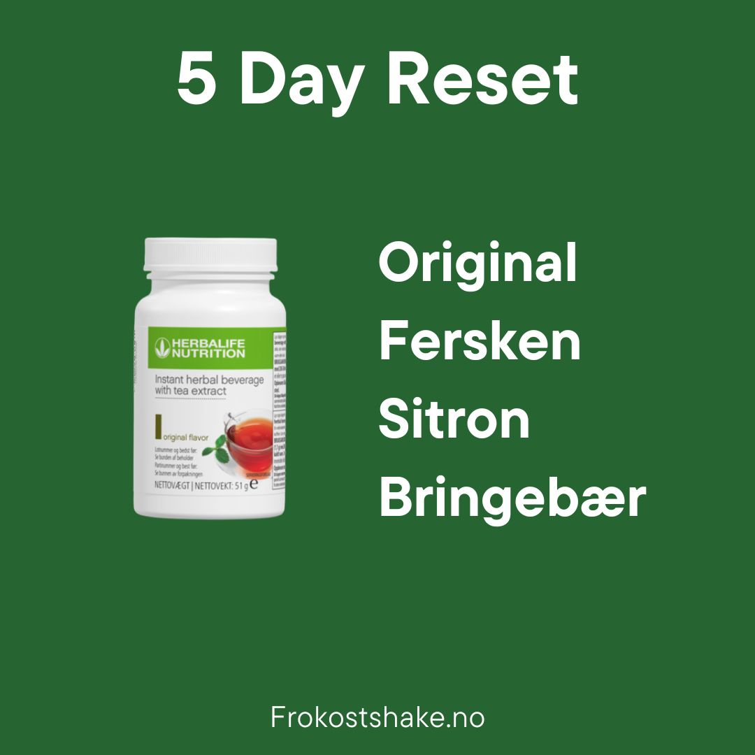En boks Herbalife Instant urtekonsentrat te med originalsmak og teksten Original, fersken, sitron, bringebær.