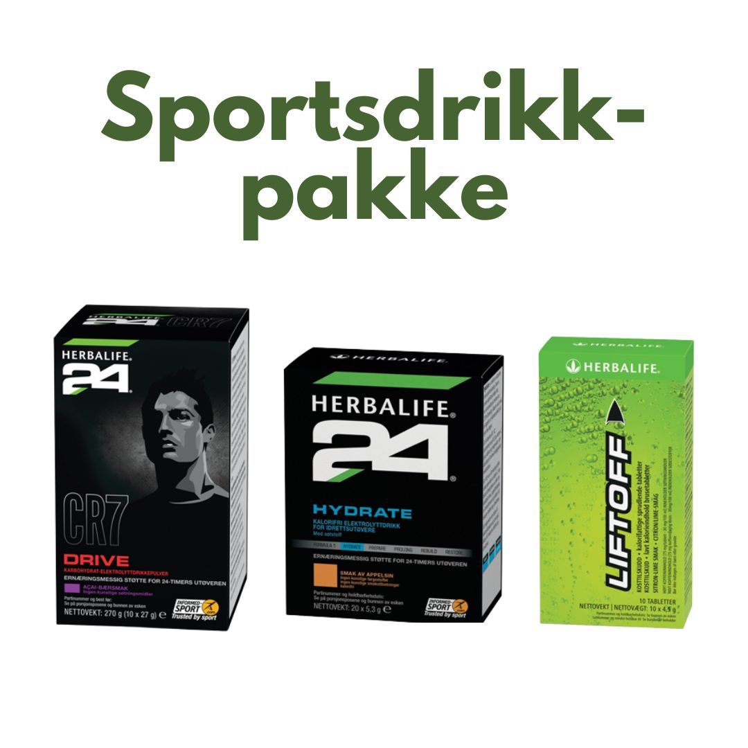 En pakke Herbalife H24 CR7 Drive sportsdrikk porsjonsposer, en pakke Hydrate isotonisk sportsdrikk og en pakke Liftoff energidrikk. Over pakkene står det Sportsdrikk-pakke.