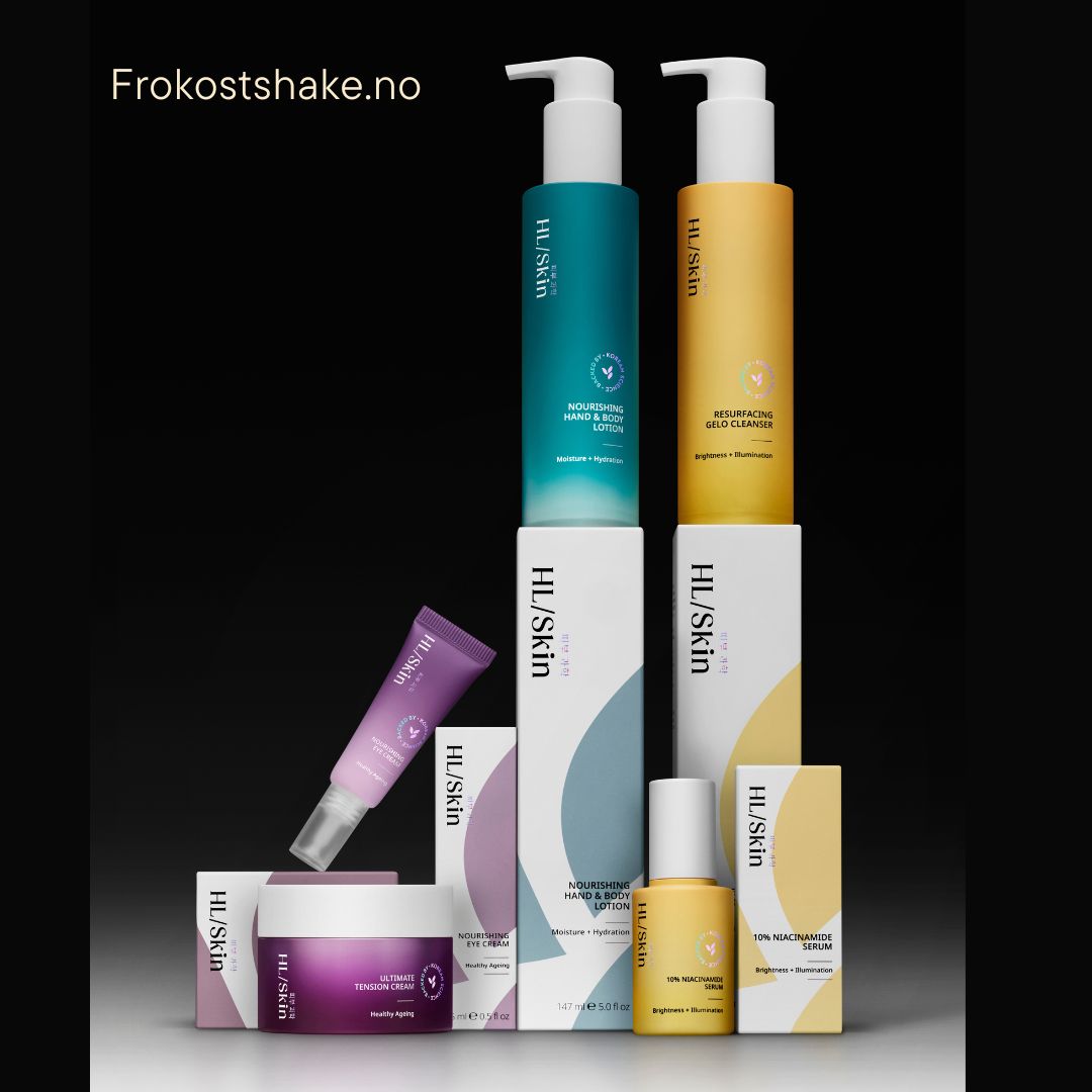 HL/Skin hudpleieserie fra Herbalife vist på mørk bakgrunn med hele produktlinjen – cleanser, serum, lotion, krem og øyekrem. Koreansk hudpleie for glød, fukt og sunn hud. På Frokostshake.no.