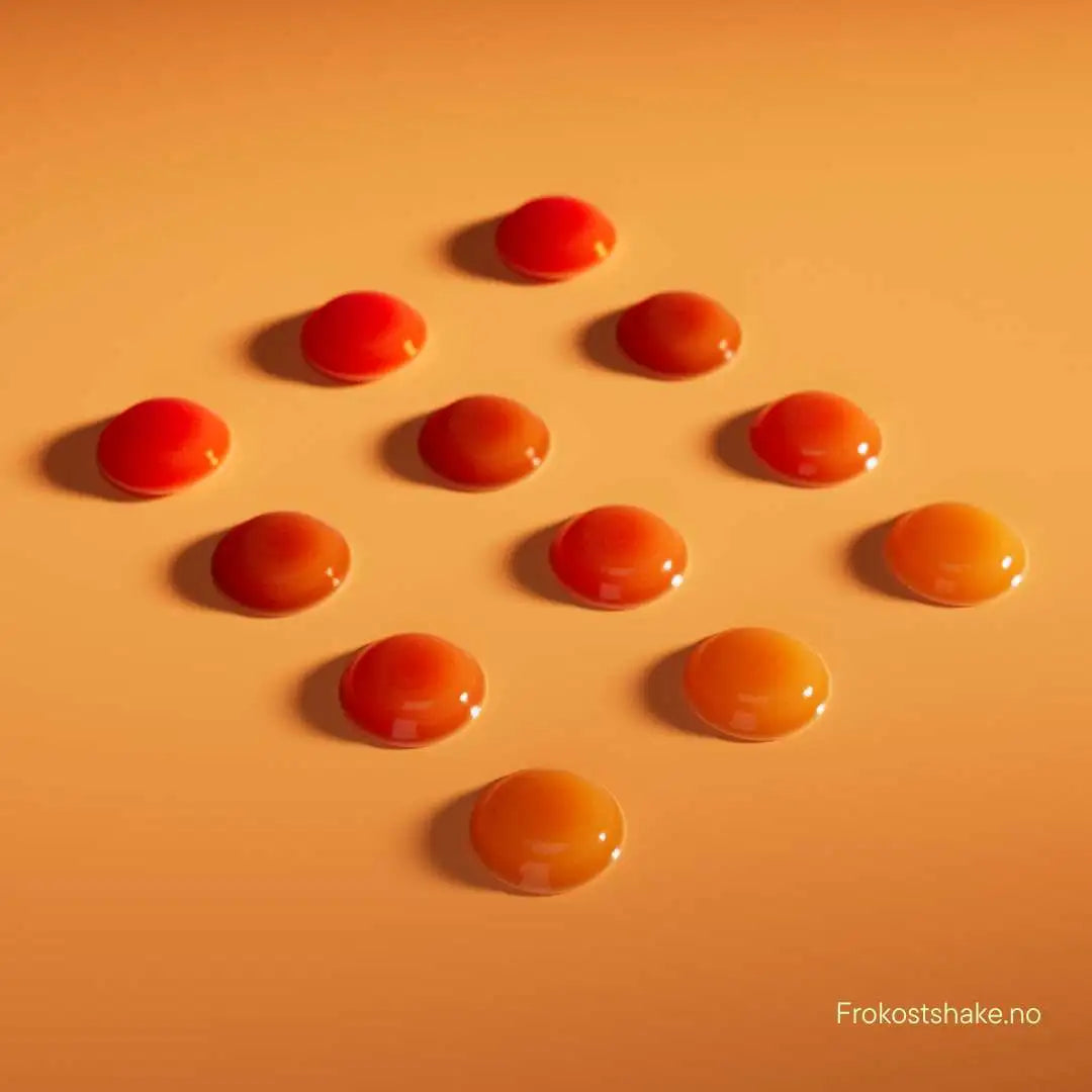 12 stykk Herbalife Gels CoQ10Vita gele-tyggetabletter ligger på en flate.