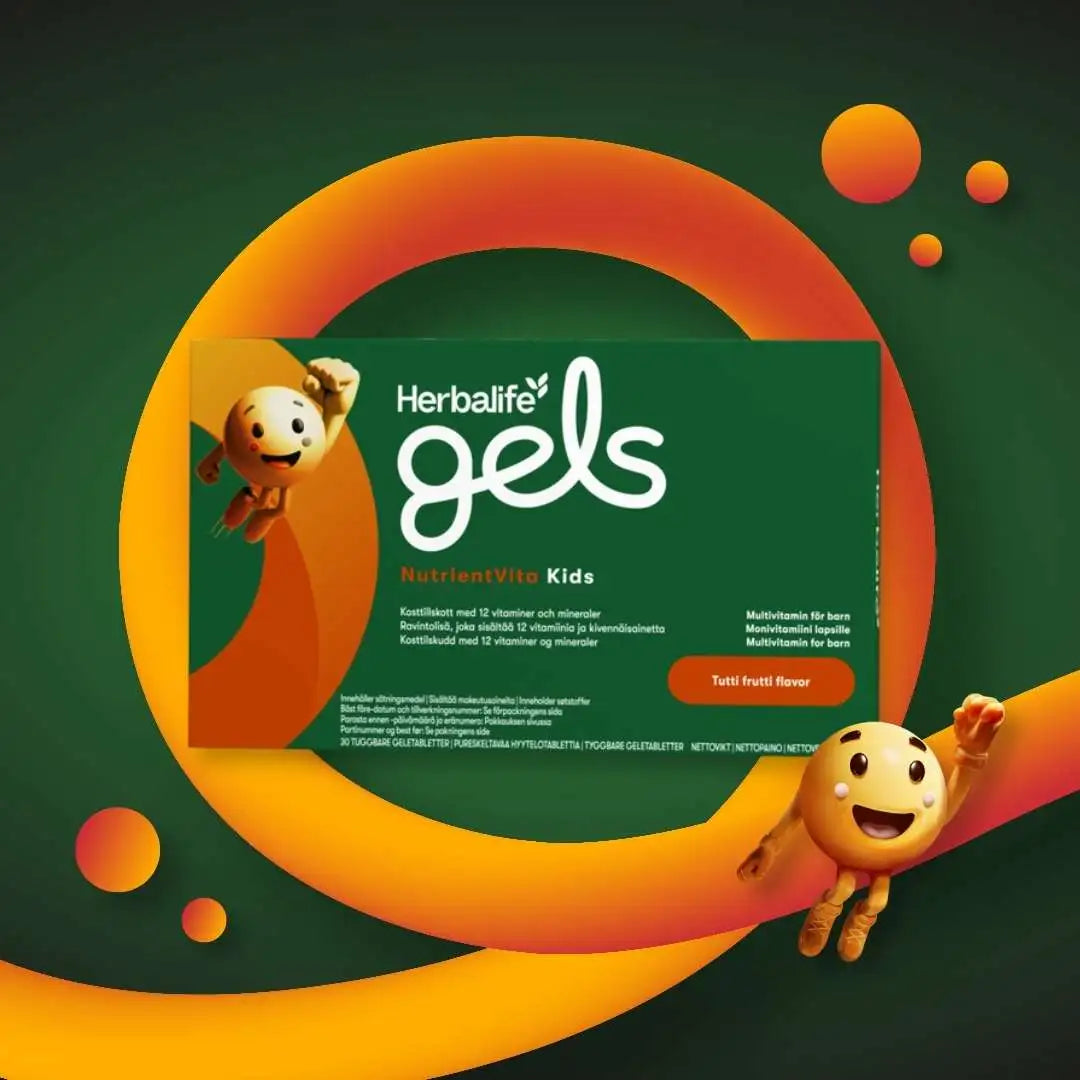 En pakke Herbalife Gels NutrientVita Kids multivitamin og tyggetabletter som svever rundt sammen med figuren til produktet, en gul smiley med armer og ben.