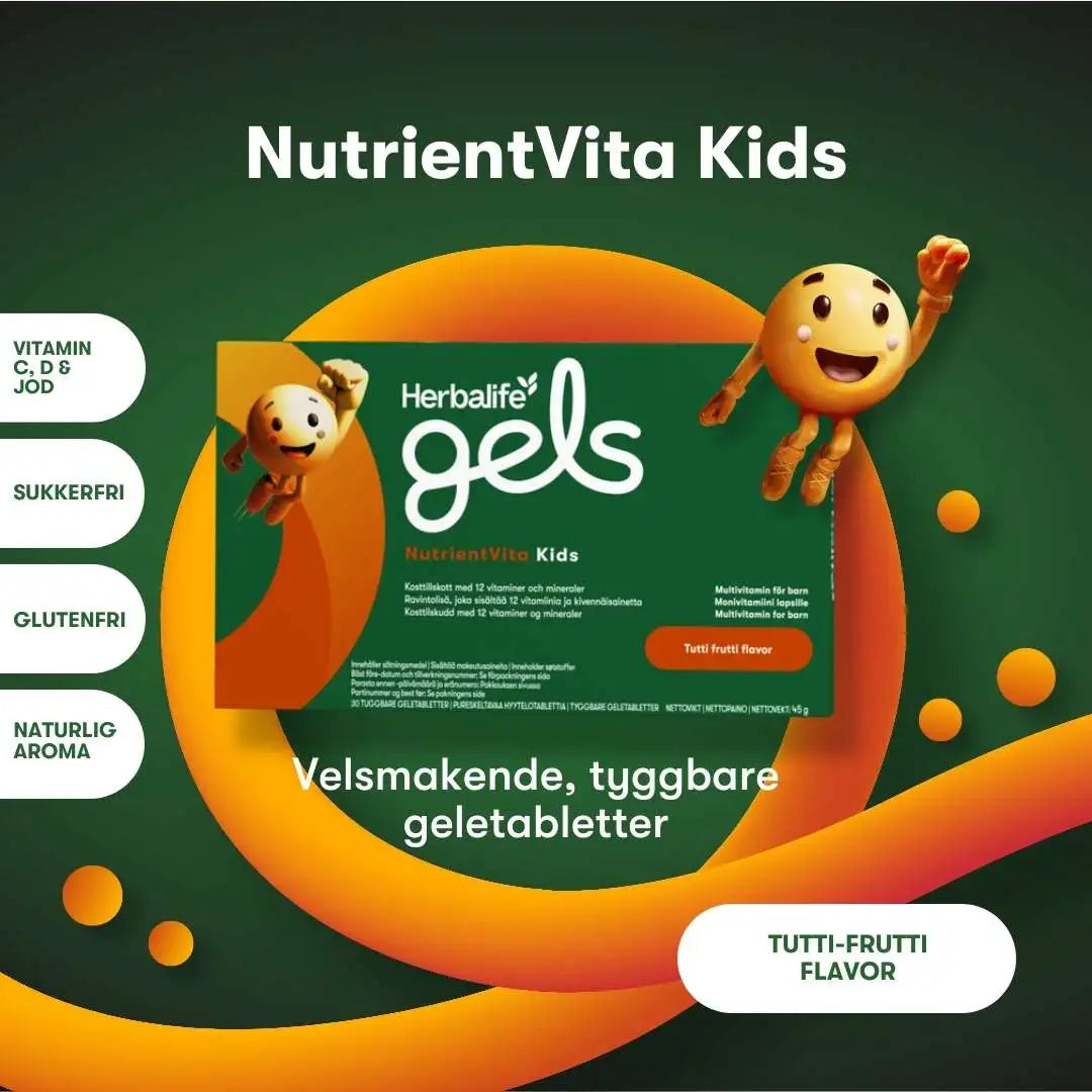 En informasjonsplakat om Herbalife Gels NutrientVita Kids multivitamin tyggetabletter. Tekst: Velsmakende, tyggbare geletabletter. Vitamin C, D og jod. Sukkerfri. Glutenfri. Naturlig aroma. Tutti-frutti-smak.