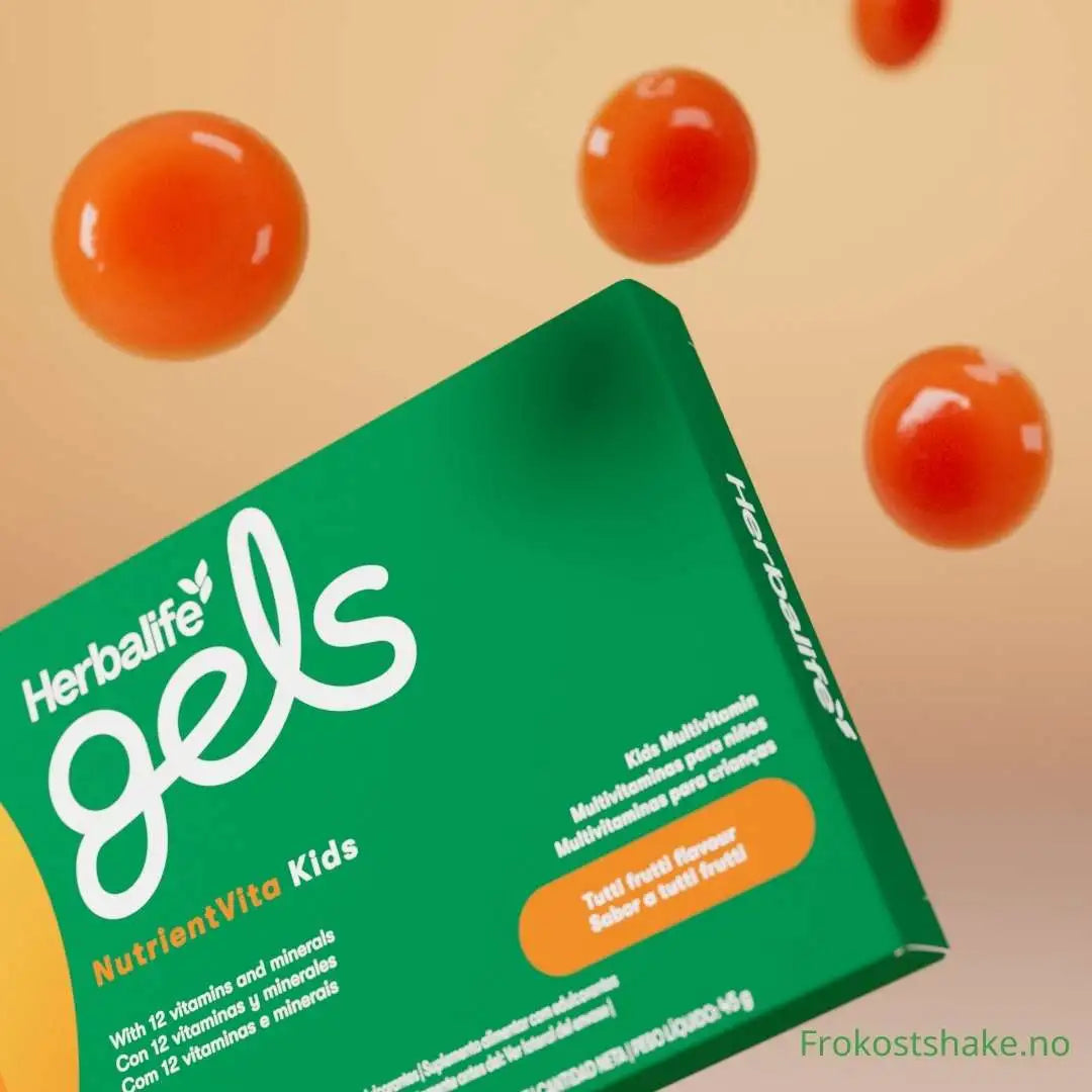 En pakke Herbalife Gels NutrientVita Kids multivitamin og tyggetabletter som svever rundt.