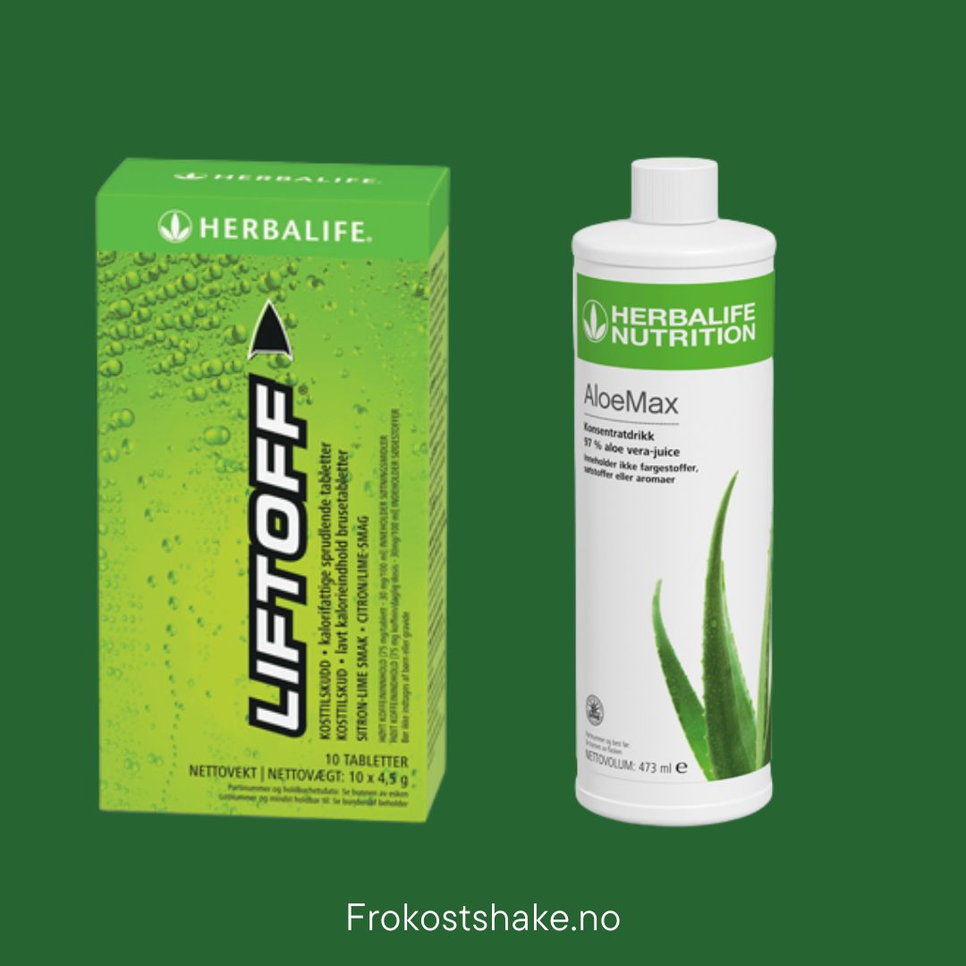 Herbalife Liftoff energidrikk i grønn eske og Herbalife AloeMax aloe vera-juice i hvit flaske, på grønn bakgrunn med teksten Frokostshake.no.