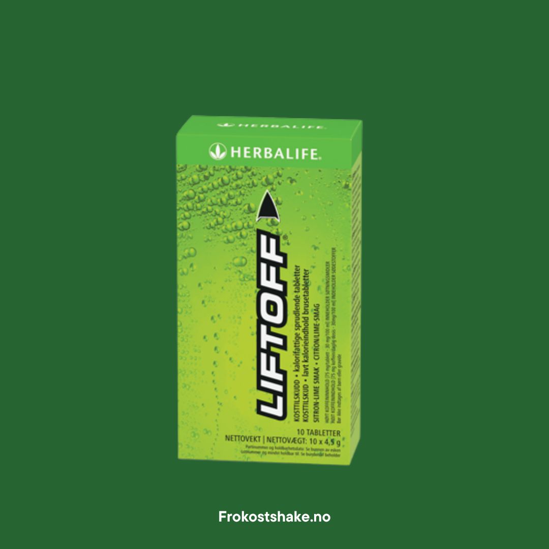 En pakke Herbalife Liftoff energidrikk på grønn bakgrunn og tekst Frokostshake.no.