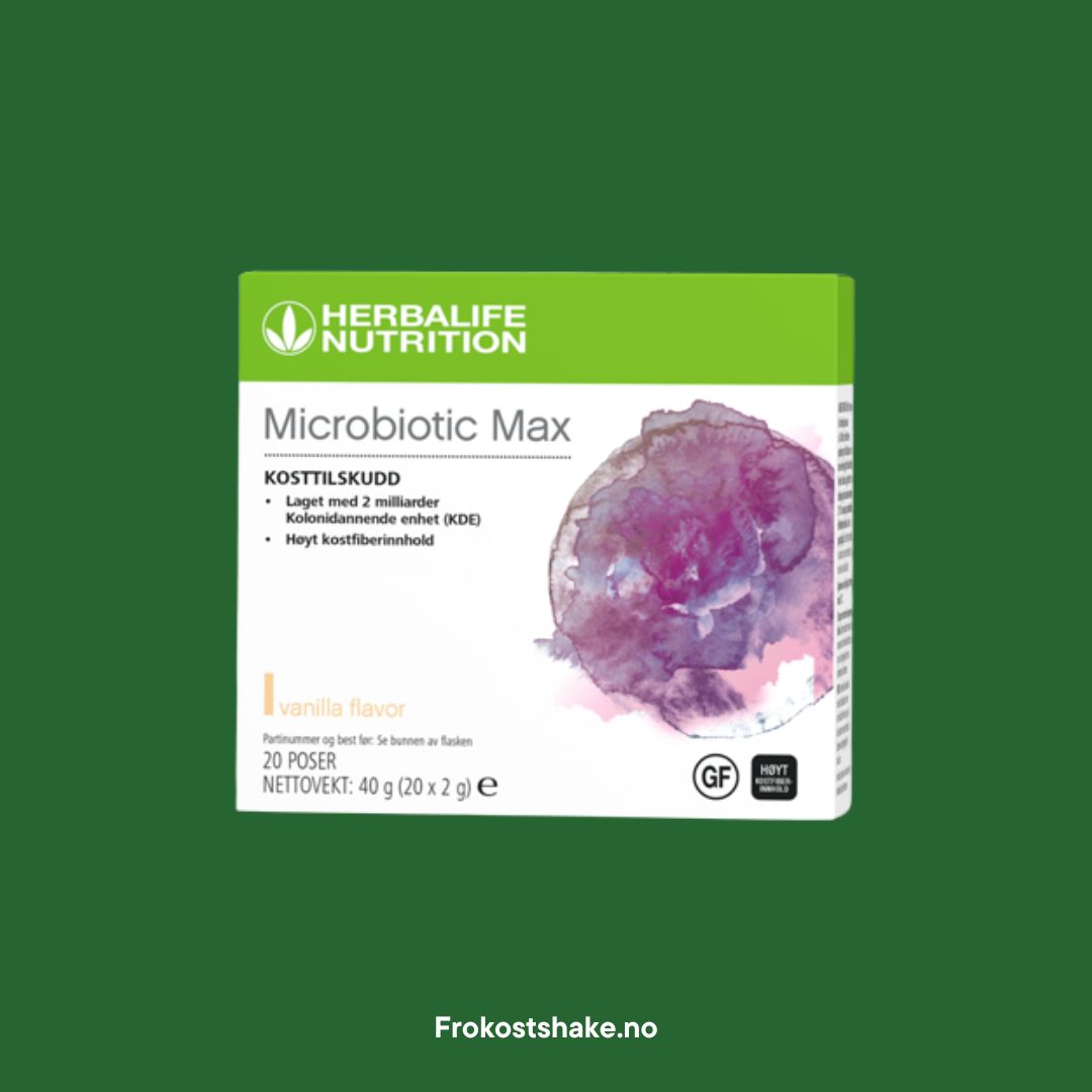 En pakke Herbalife Nutrition Microbiotic Max kosttilskudd med probiotika og prebiotisk fiber, vanilje-smak. Pakken er merket glutenfri. Frokostshake.no