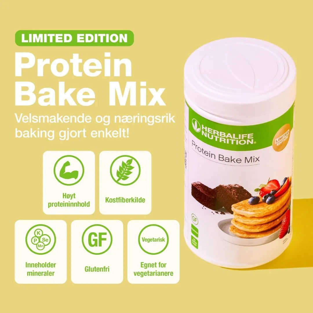 Reklamebilde for Herbalife Protein Bake Mix. Bildet viser en boks bakemiks og teksten «Limited Edition. Velsmakende og næringsrik baking gjort enkelt». Ikoner og tekst for høyt proteininnhold, kostfiberkilde, inneholder mineraler, glutenfri og vegetarisk.