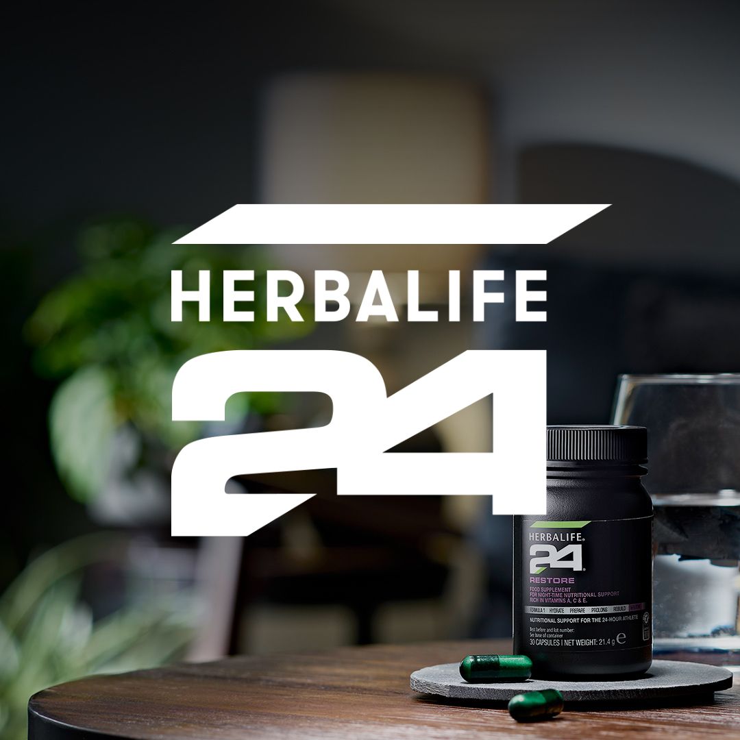 En boks Herbalife H24 restore kosttilskudd og logoen Herbalife 24.