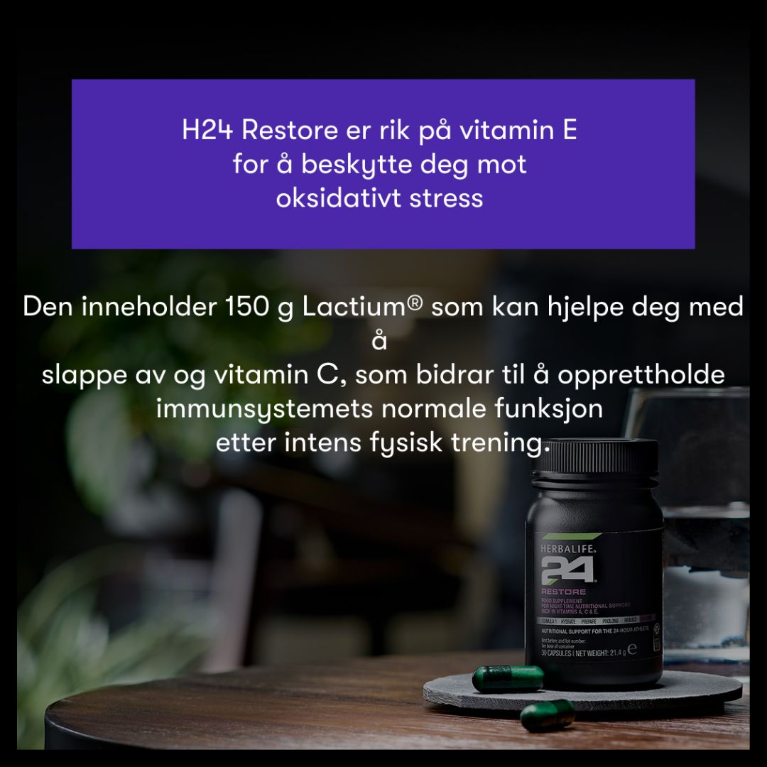 Herbalife Restore kosttilskudd-boks med tekst om fordelene med produktet.