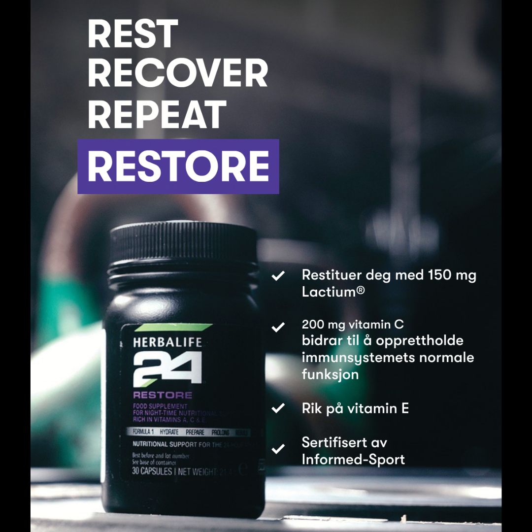 En boks Herbalife Restore kosttilskudd og tekst som forteller om forelene.