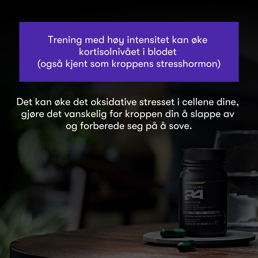 Herbalife Restore kosttilskudd-boks med tekst om hvordan høyintensitetstrening kan øke kortisolnivået og det oksidative stresset i cellene.