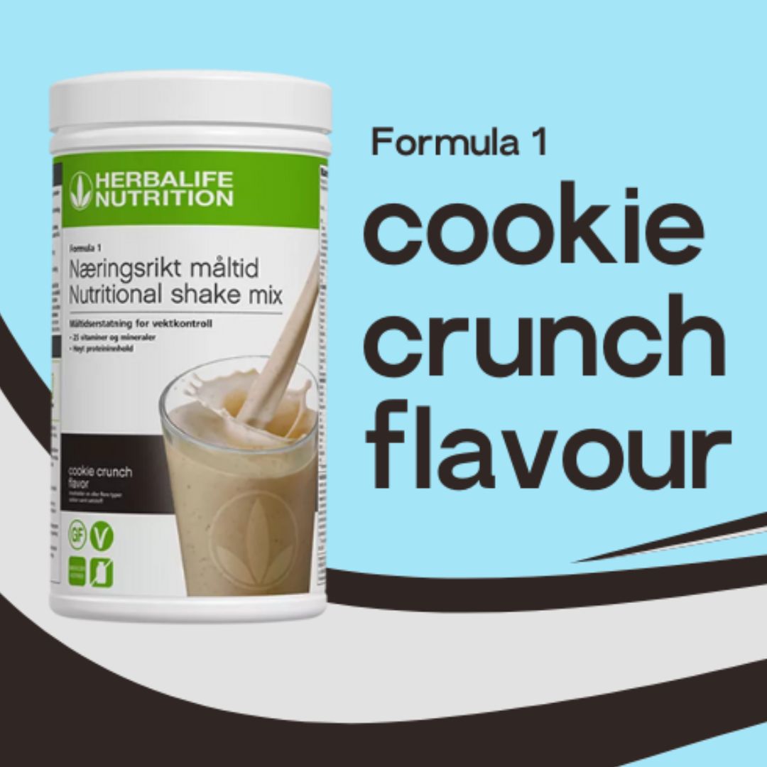 Herbalife shakeboks, avbildet foran blå bakgrunn med teksten Formula 1 Cookie Crunch Flavour.