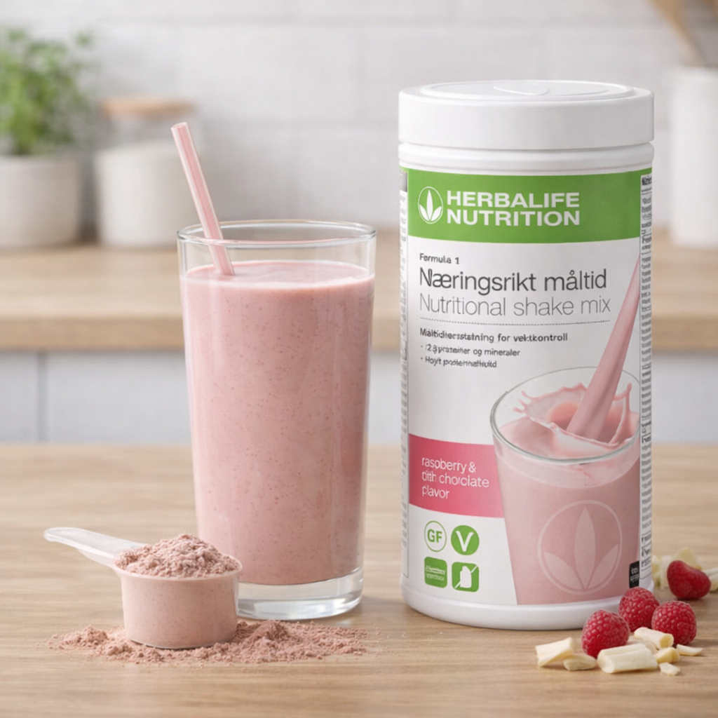 Herbalife soyafri shake med bringebær og hvit sjokolade.
