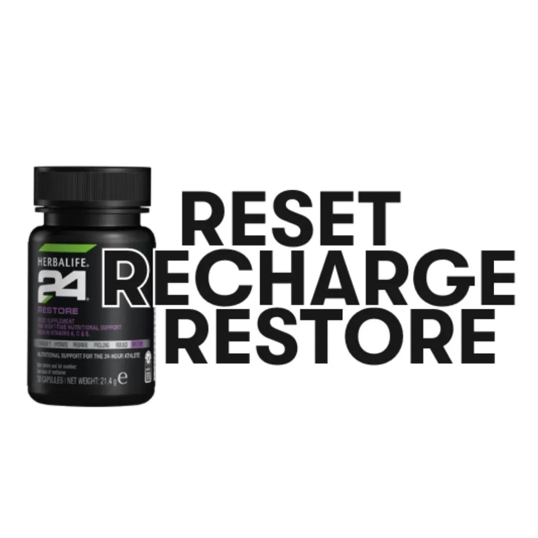 En boks Herbalife H24 Restore kosttilskudd og teksten “Reset, Recharge, Restore”.