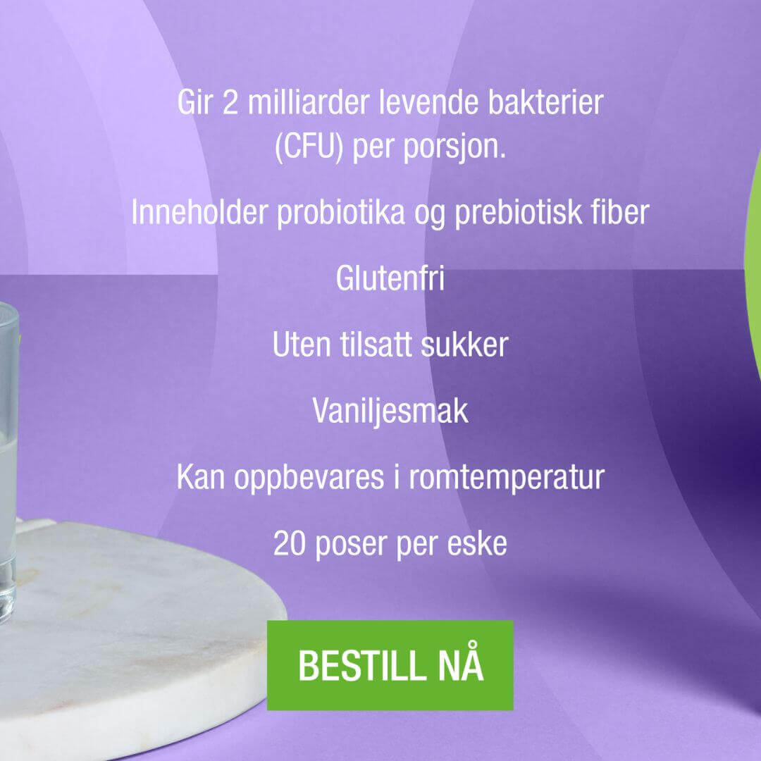 Plakat som forteller fordelene med Herbalife Nutrition Microbiotic Max kosttilskudd: Gir 2 milliarder levende bakterier (CFU) per porsjon, inneholder probiotika og prebiotisk fiber, glutenfri, uten tilsatt sukker, vaniljesmak, kan oppbevares i romtemperatur, 20 poser per eske, bestill nå.