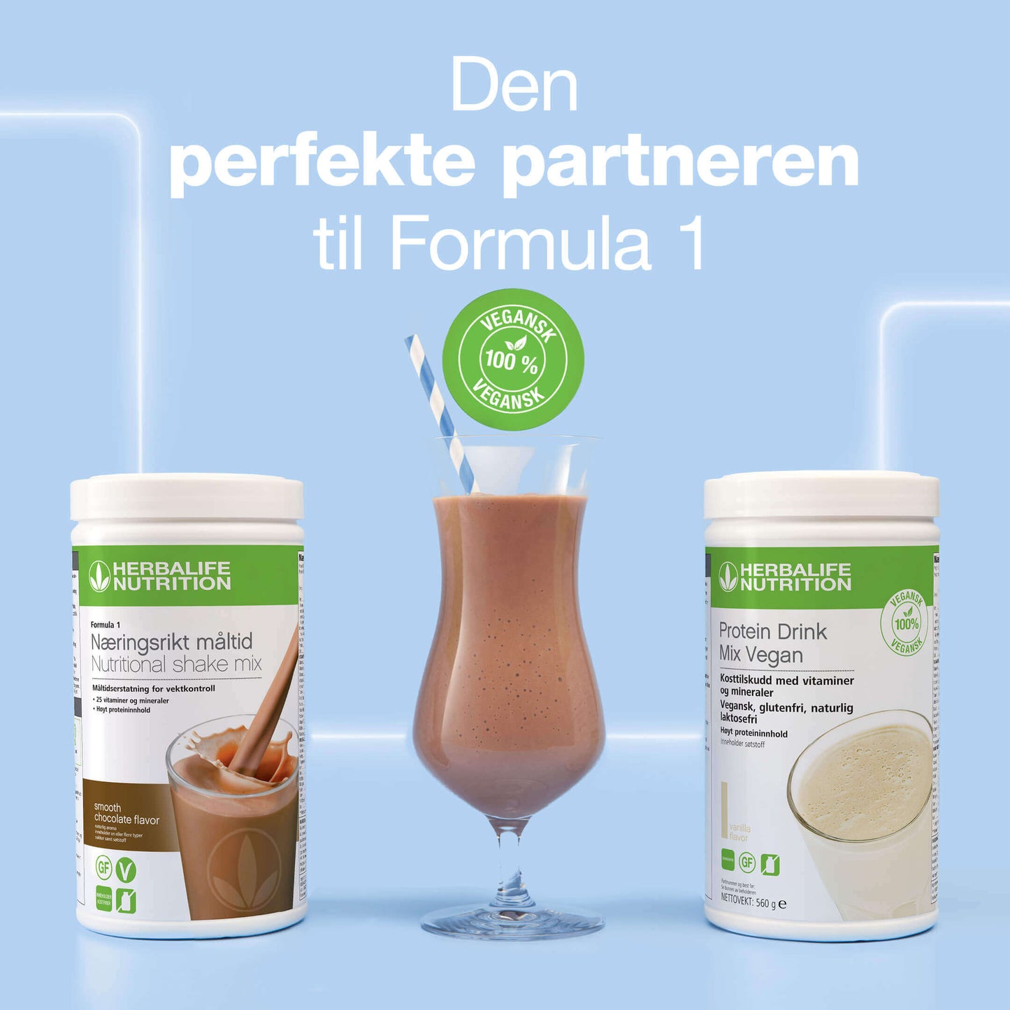 Bilde av Herbalife Formula 1 shakemix sjokolade sammen med proteindrinkmiks vegan, en sjokoladeshake og teksten “Den perfekte partneren til Formula 1” sammen med merke for 100% vegansk.