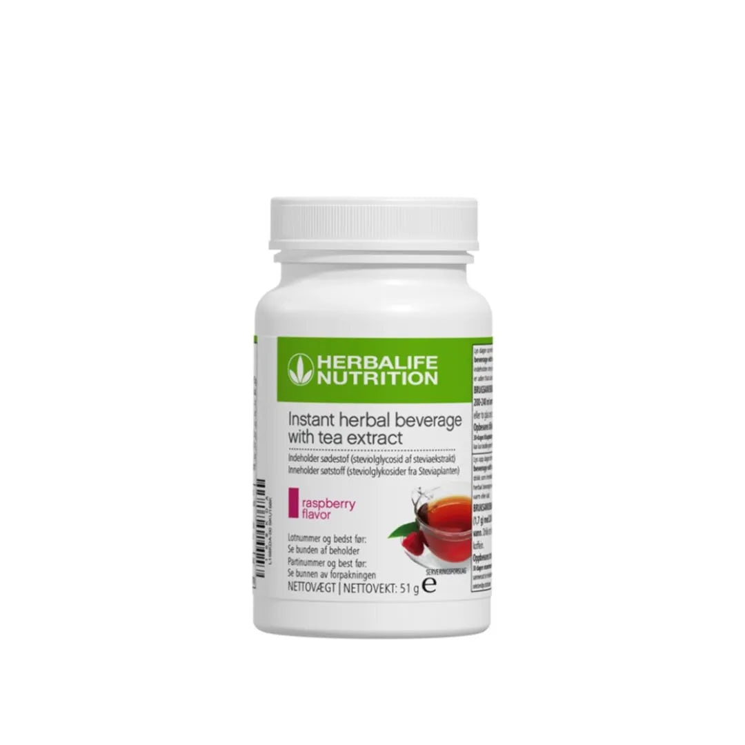En boks Herbalife Instant Raspberry urtekonsentrat te med bringebærsmak, 51 gram.