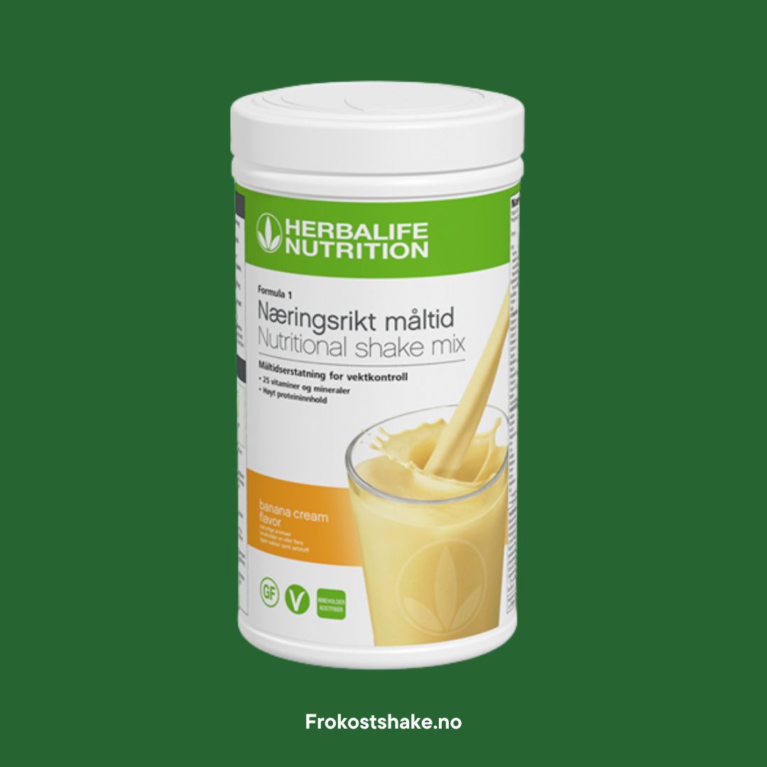 En boks Herbalife Formula 1 shakemix med banana cream-smak. Frokostshake.no.