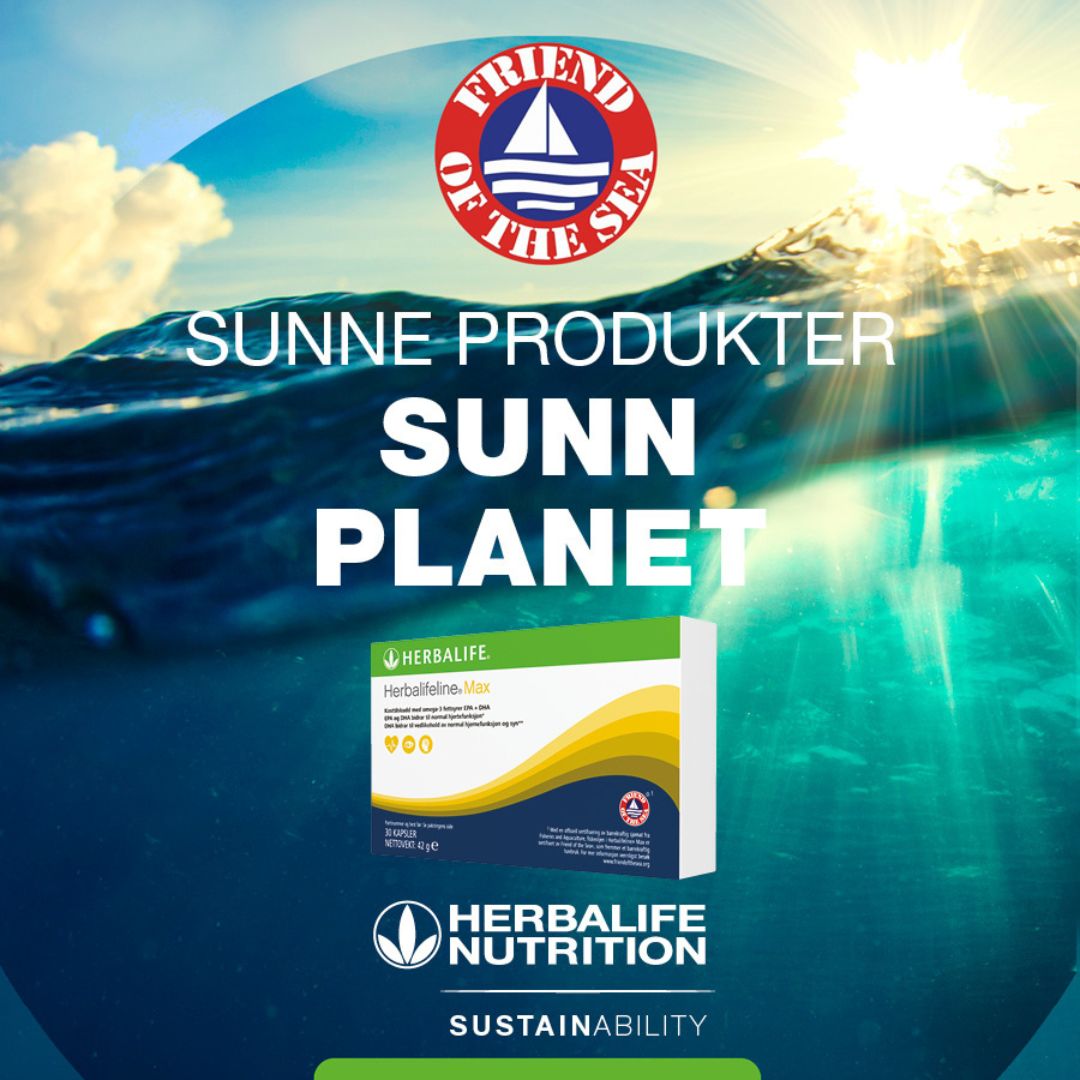En plakat med bilde av Herbalifeline MAX Omega-3 fiskeolje-kosttilskudd og teksten «Sunne produkter, sunn planet» og bilde av logoene til Friend of the sea og Herbalife Nutrition samt teksten «Sustainability».