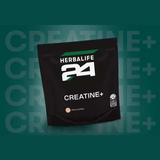 Kampanjebilde som introduserer Herbalife24 Creatine+. En pose kreatin monohydrat presenteres med moderne, sporty grafikk.