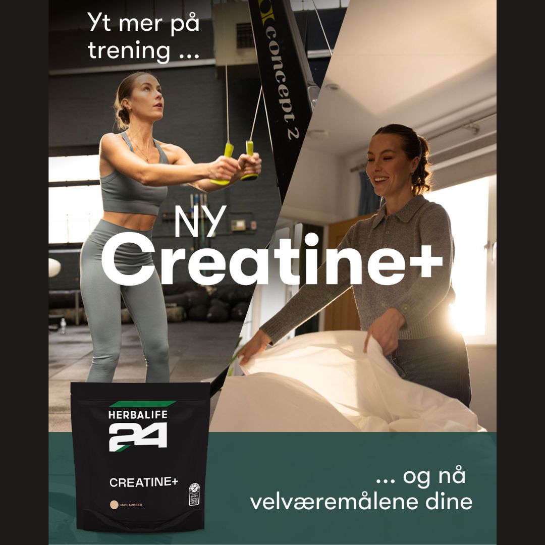Produktbilde av Herbalife24 Creatine+ med teksten “Yt mer på trening” i bakgrunnen, fremhever fordelene med kreatin for styrke og prestasjon.