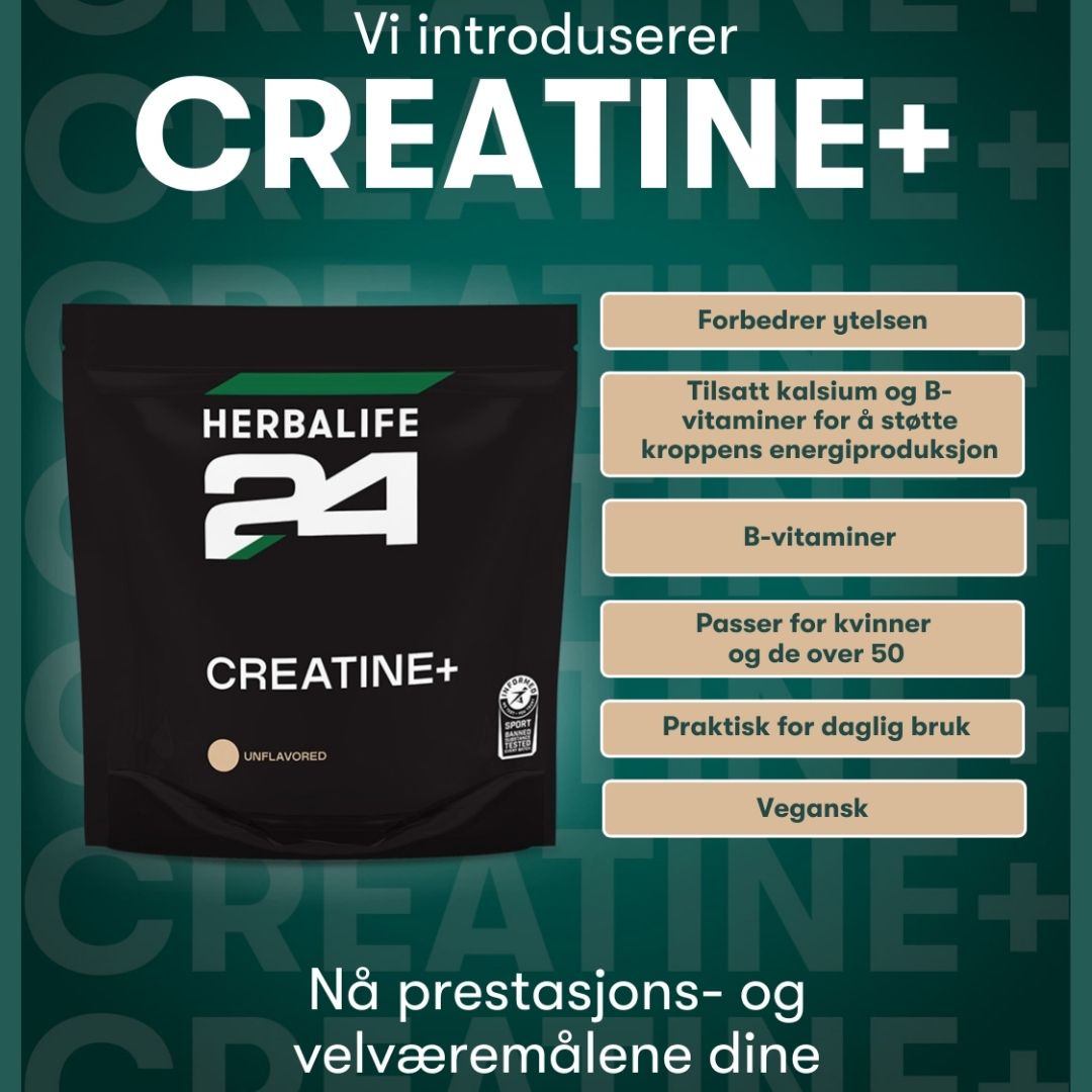 Kampanjebilde som introduserer Herbalife24 Creatine+. En pose kreatin monohydrat presenteres med moderne, sporty grafikk sammen med fordelene med å bruke creatin.