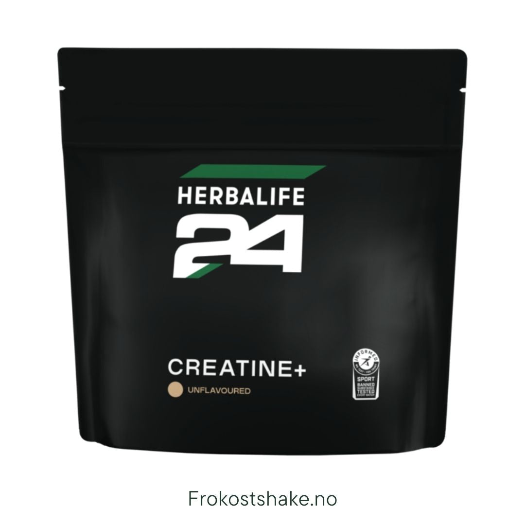 En pose Herbalife24 Creatine+ kreatin monohydrat står tydelig frem på hvit bakgrunn. Produktet er merket med H24-logo og Informed-Sport-sertifisering.