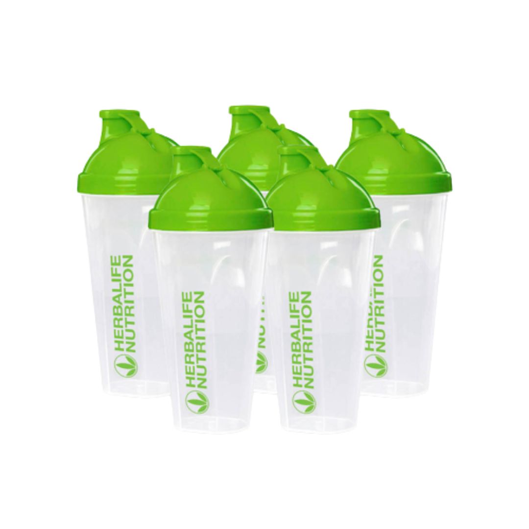 5 stykk gjennomsiktige ristebeger med grønt lokk og grønn tekst og logo Herbalife Nutrition.