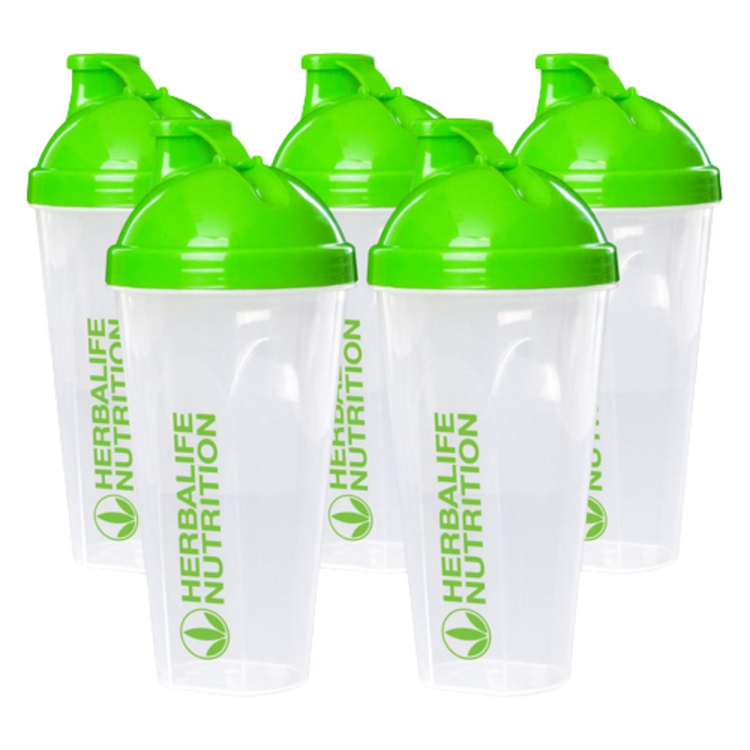 5 stykk gjennomsiktige ristebeger med grønt lokk og grønn tekst og logo Herbalife Nutrition.