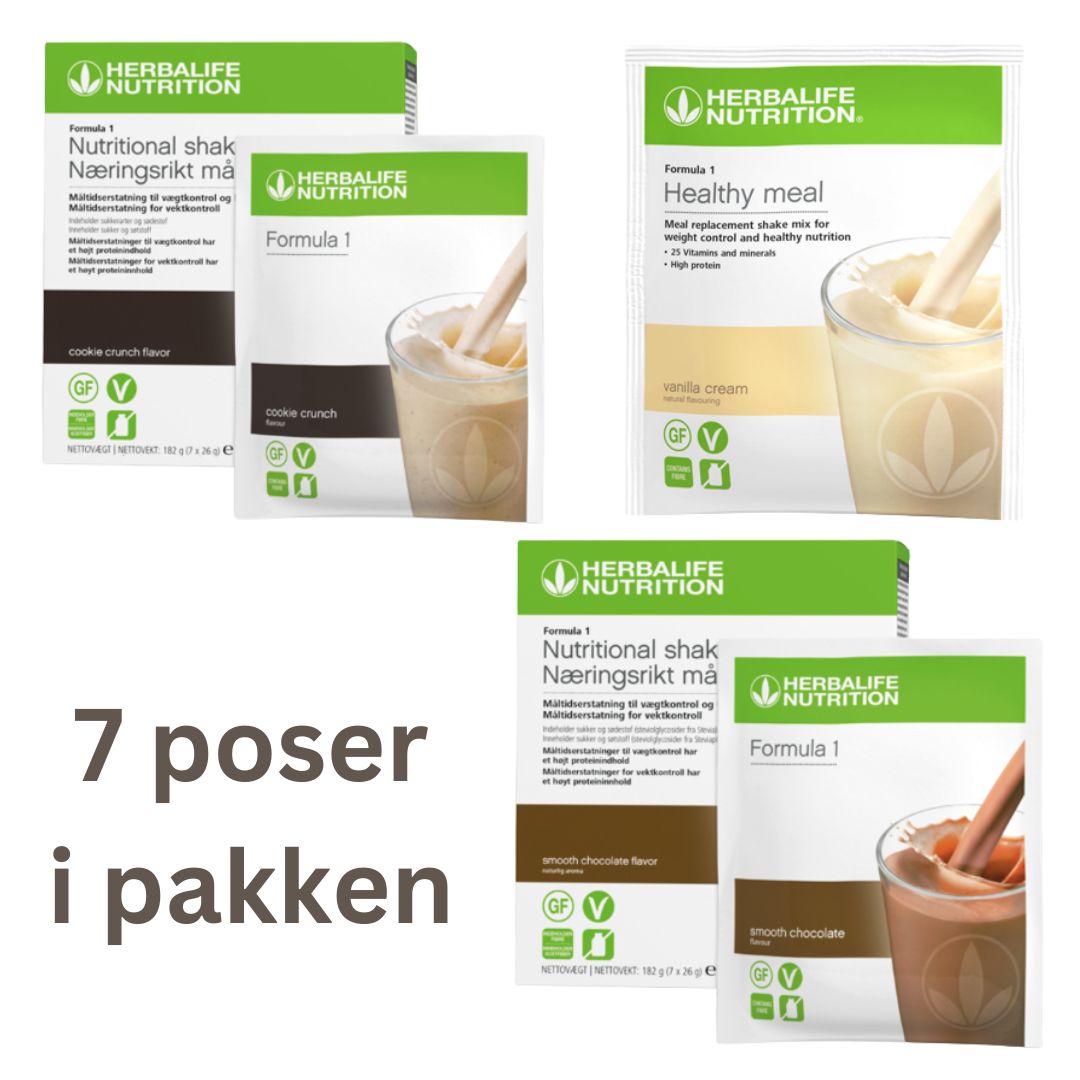 Herbalife Formula 1 shakemix porsjonsposer med de tre smakene cookie crunch, sjokolade og vanilje og teksten «7 poser i pakken».
