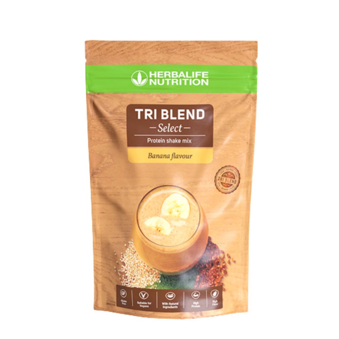 En pakke Herbalife Protein shakemix TriBlend-shake med banan-smak.