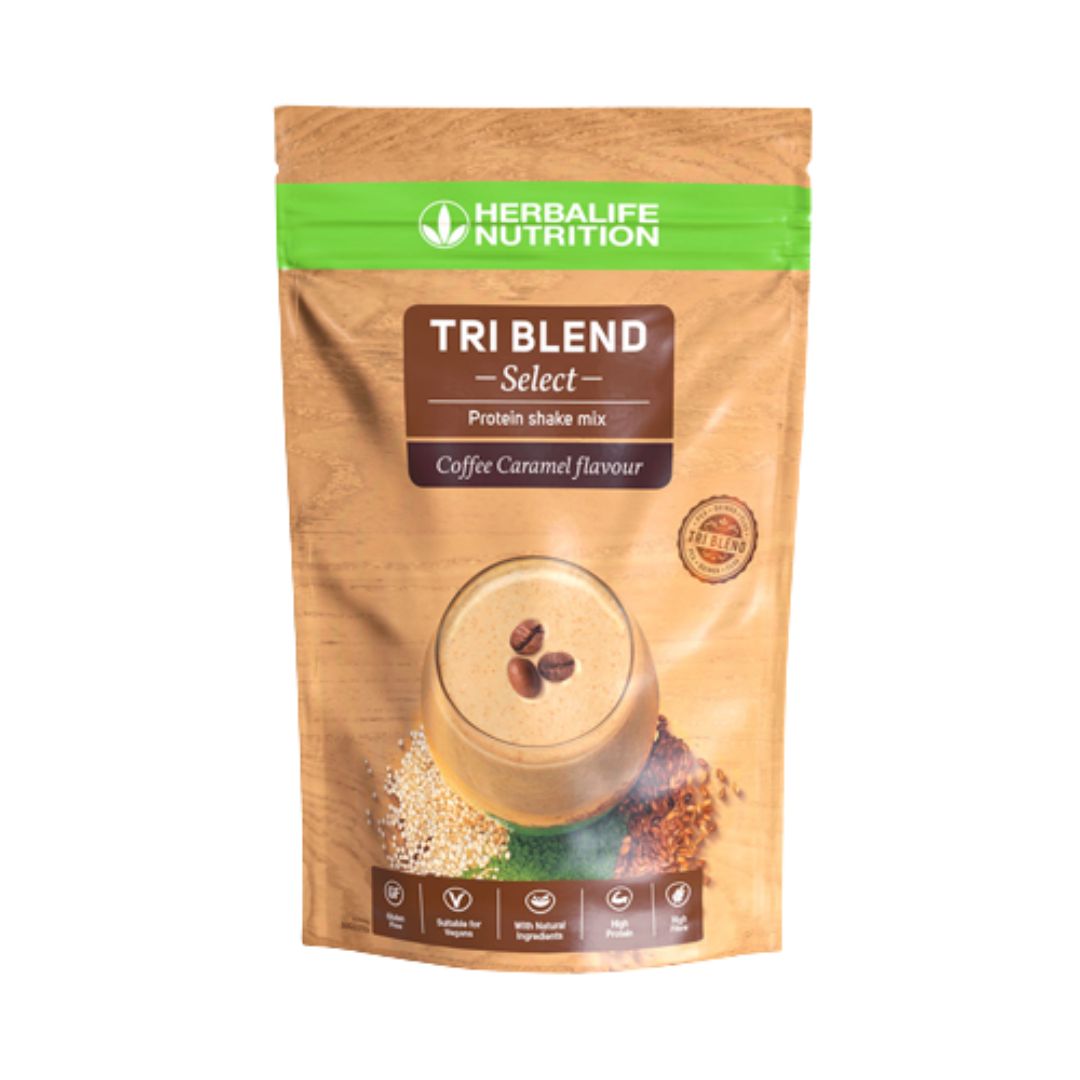En pakke Herbalife Protein shakemix TriBlend-shake med Kaffe karamell-smak.