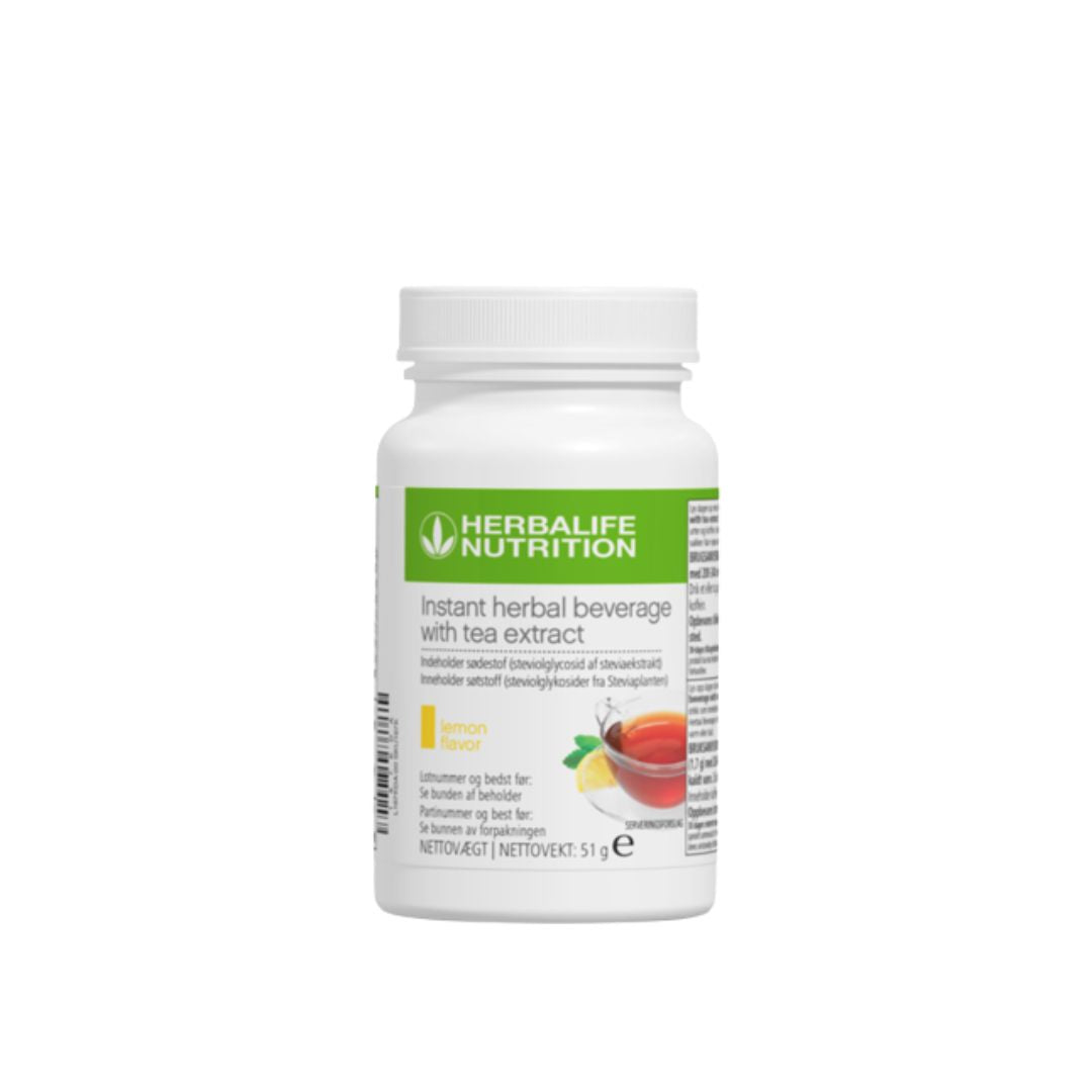 En boks Herbalife Instant Lemon urtekonsentrat te med sitronsmak, 51 gram.