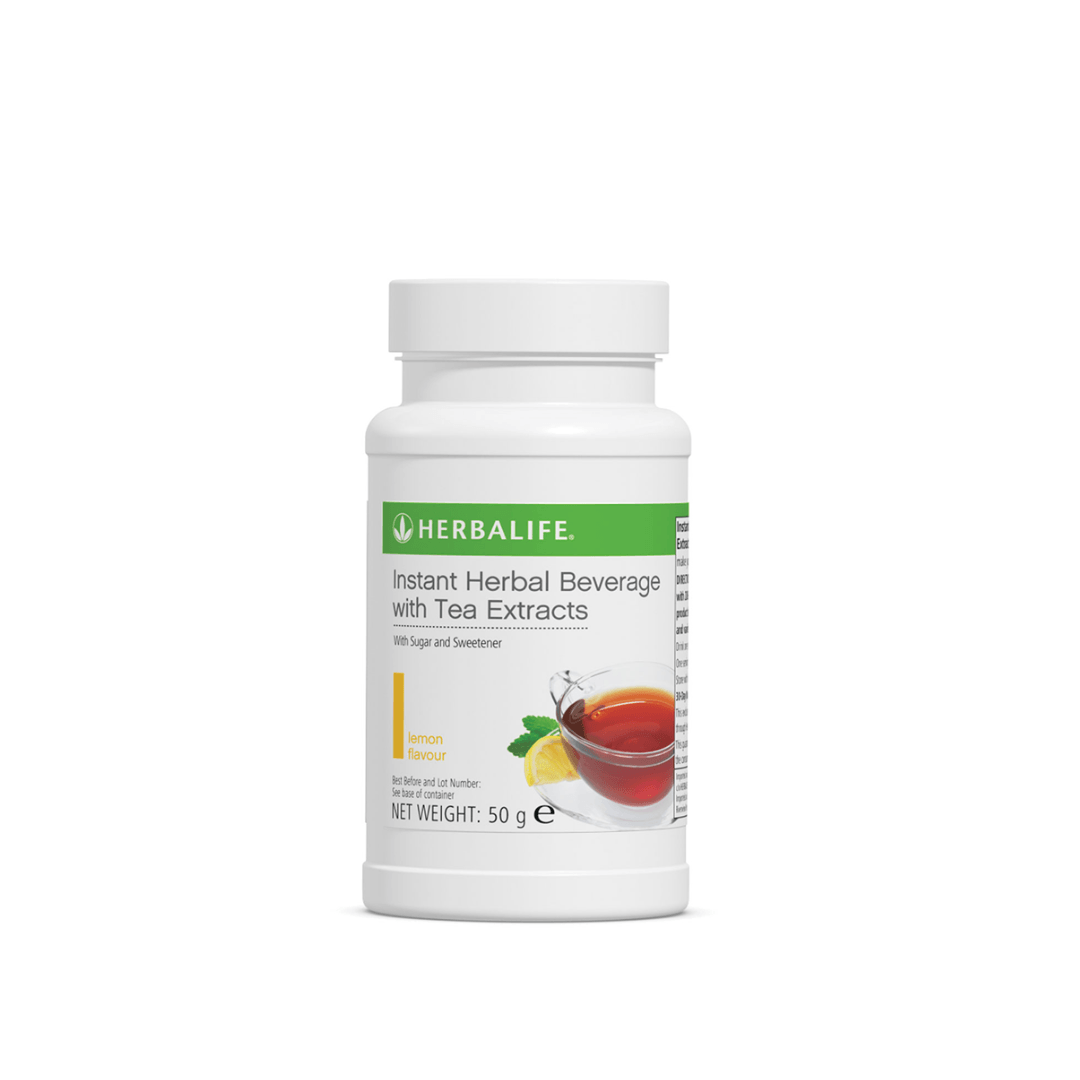 En boks Herbalife Instant Lemon urtekonsentrat te med sitronsmak, 51 gram.