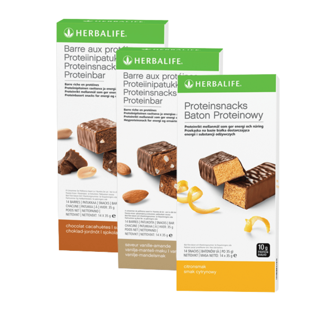 Tre esker Herbalife proteinbarer med henholdsvis sjokolade-peanøtt-smak, vanilje-mandel-smak og sitronsmak.