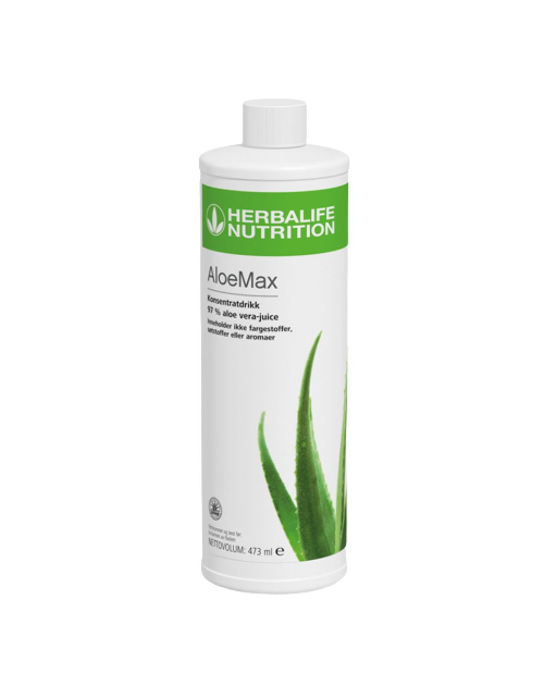 Ei flaske Herbalife Herbal Aloe AloeMax urtekonsentrat, merket 97% aloevera-juice på hvit bakgrunn.