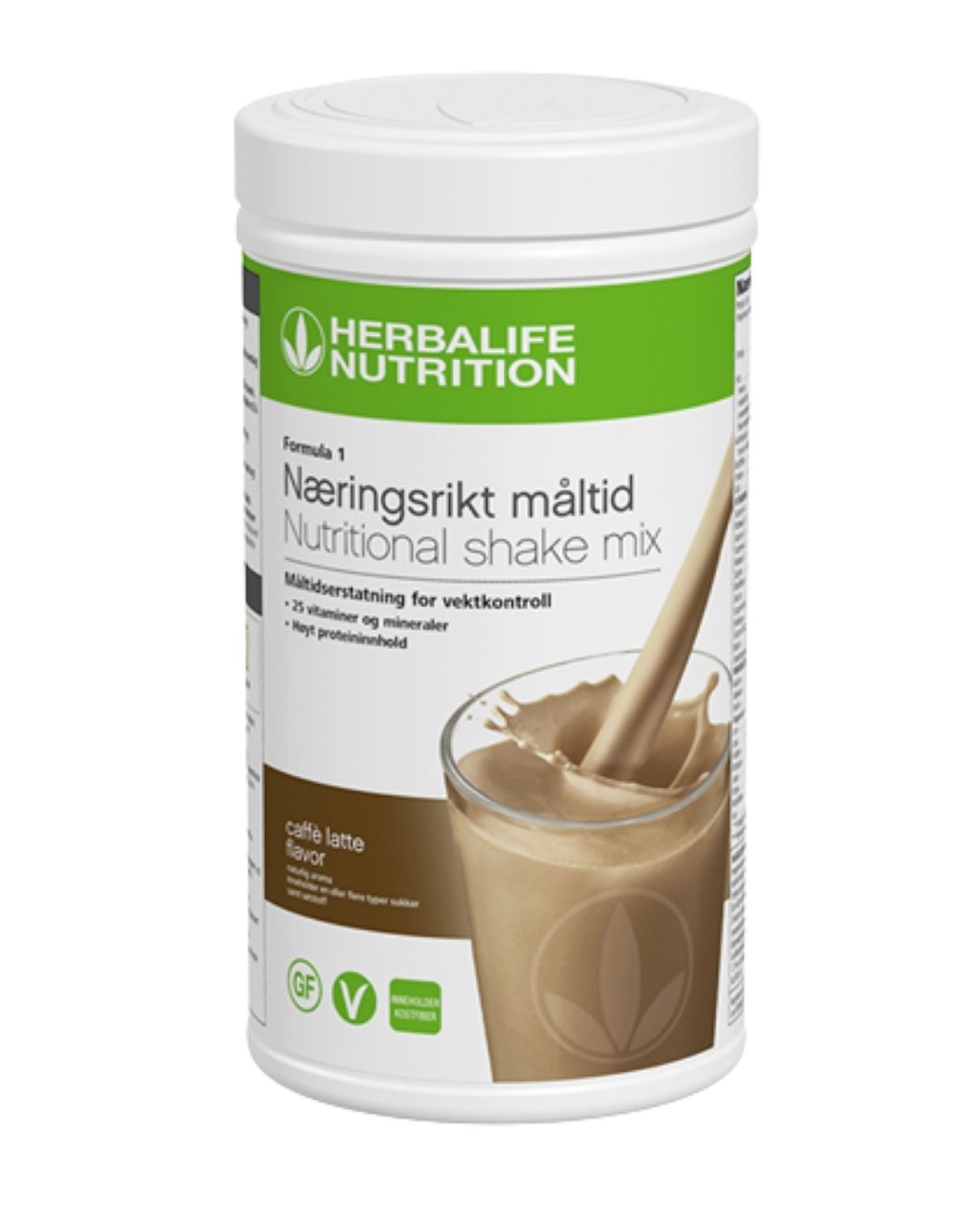 En boks Herbalife F1-shake med Catte latte smak på hvit bakgrunn.