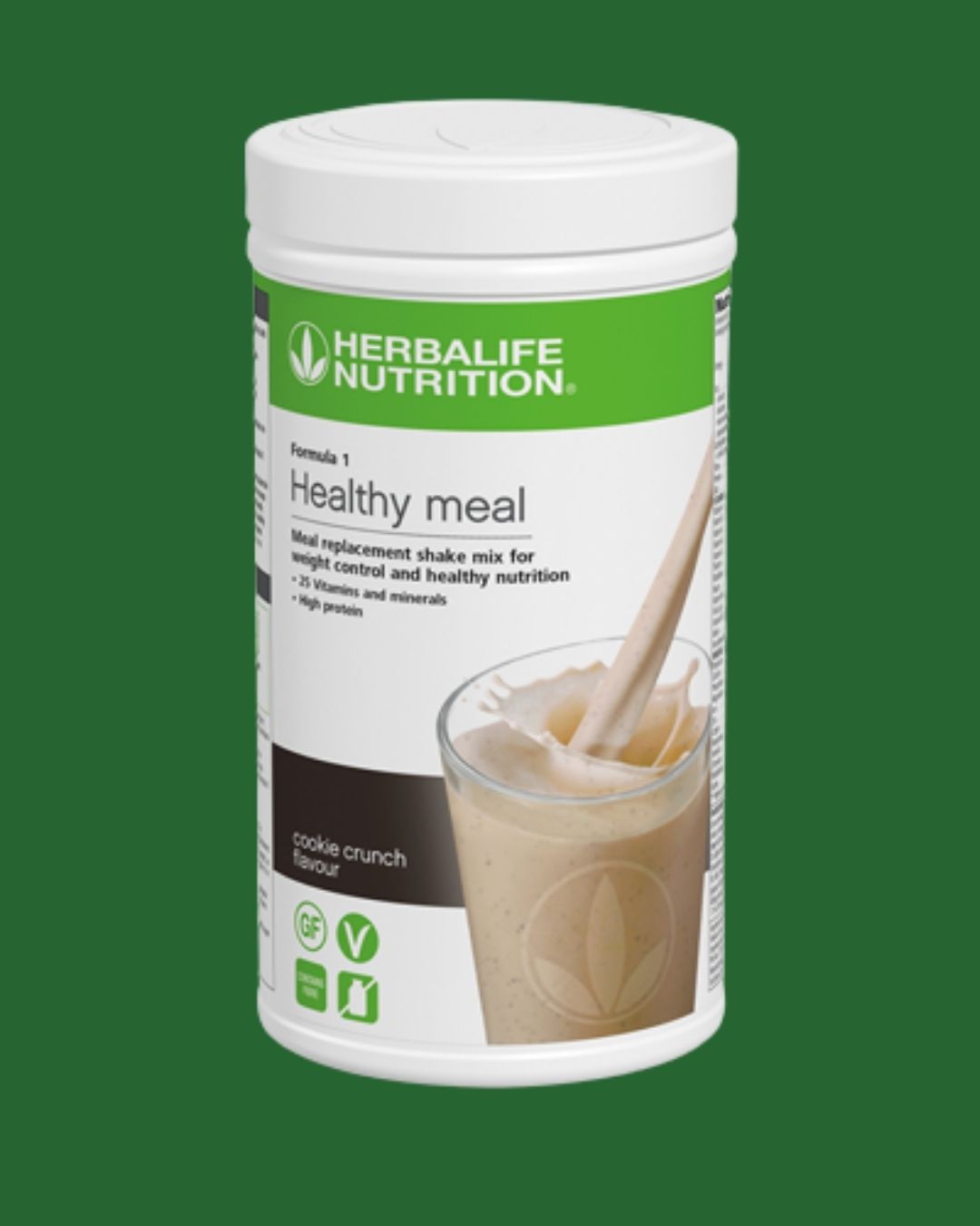 Herbalife F1 shake med cookie crunch smak på grønn bakgrunn.