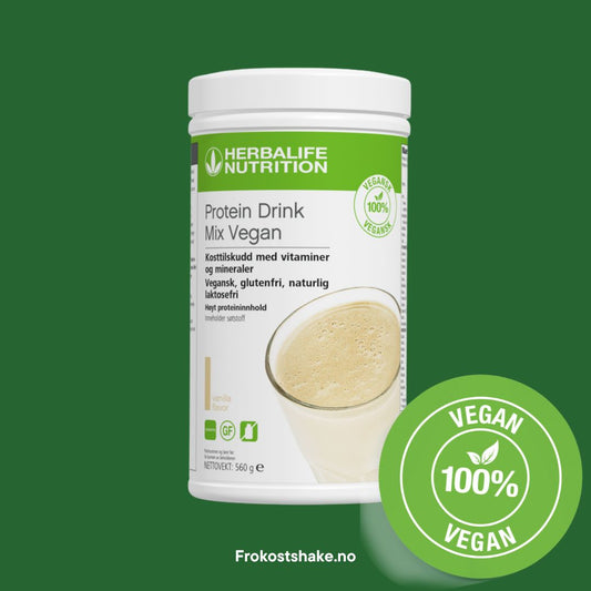 Herbalife Protein Drink Mix PDM Vegan-boks. Merket 100% vegan. Frokostshake.no. Grønn bakgrunn.