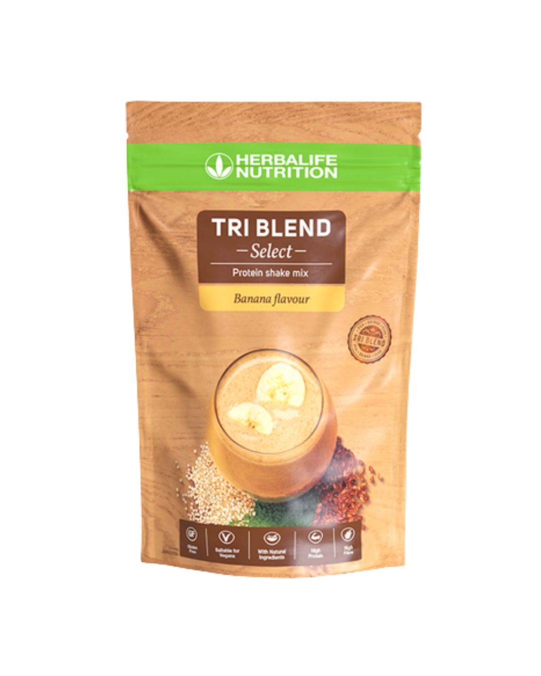 En pakke Herbalife Protein shakemix TriBlend-shake med banan-smak på hvit bakgrunn.