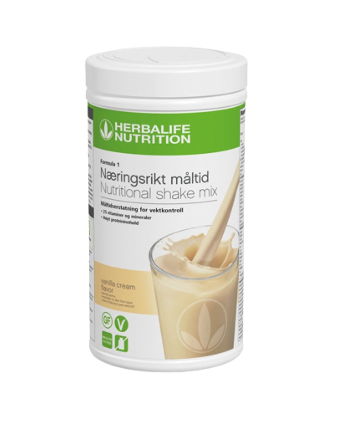En boks Herbalife Formula 1 shakemix med vaniljesmak på hvit bakgrunn.