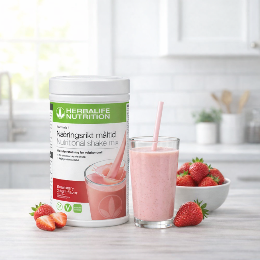 En boks Herbalife Formula 1 jordbærshake med boks og smoothieglass på kjøkkenbord sammen med en skål jordbær.