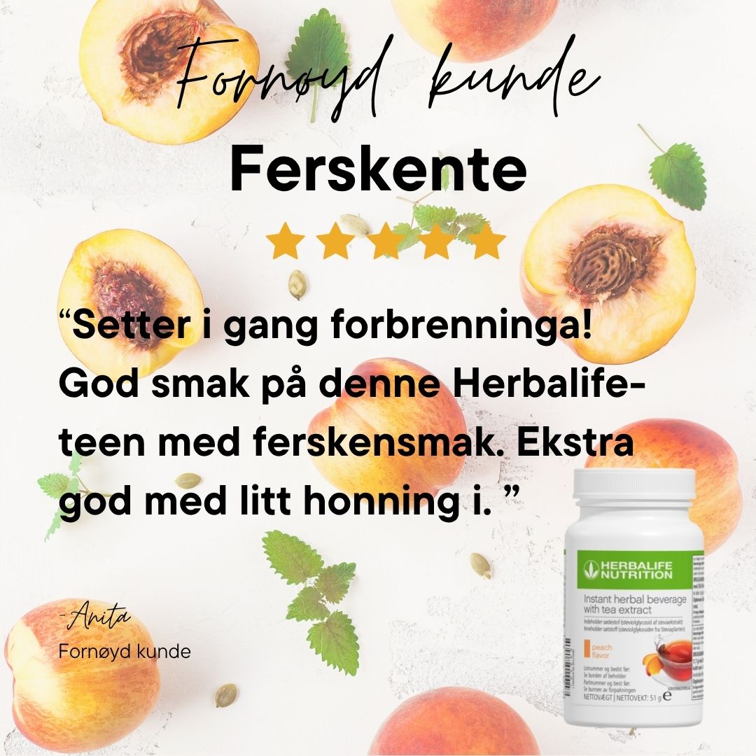 Herbalife urtete med fersken-smak i hvit boks avbildet med ferskener og grønne mynteblader på lys bakgrunn. Teksten viser fem stjerner og kundesitat: "Setter i gang forbrenninga! God smak på denne Herbalife-teen med ferskensmak. Ekstra god med litt honning i." Fornøyd kunde Anita.