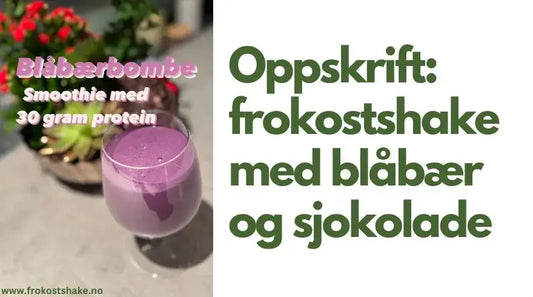 Herbalife-shake i et stettglass og teksten "Oppskrift: Frokostshake med blåbær og sjokolade"