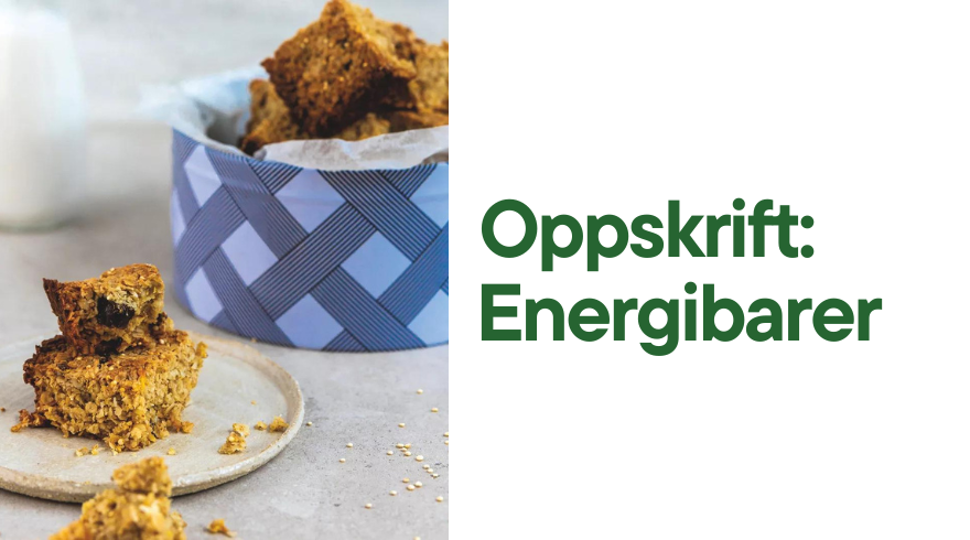 Oppskrift: Energibarer. Biter av barer på et fat og i en blå boks.